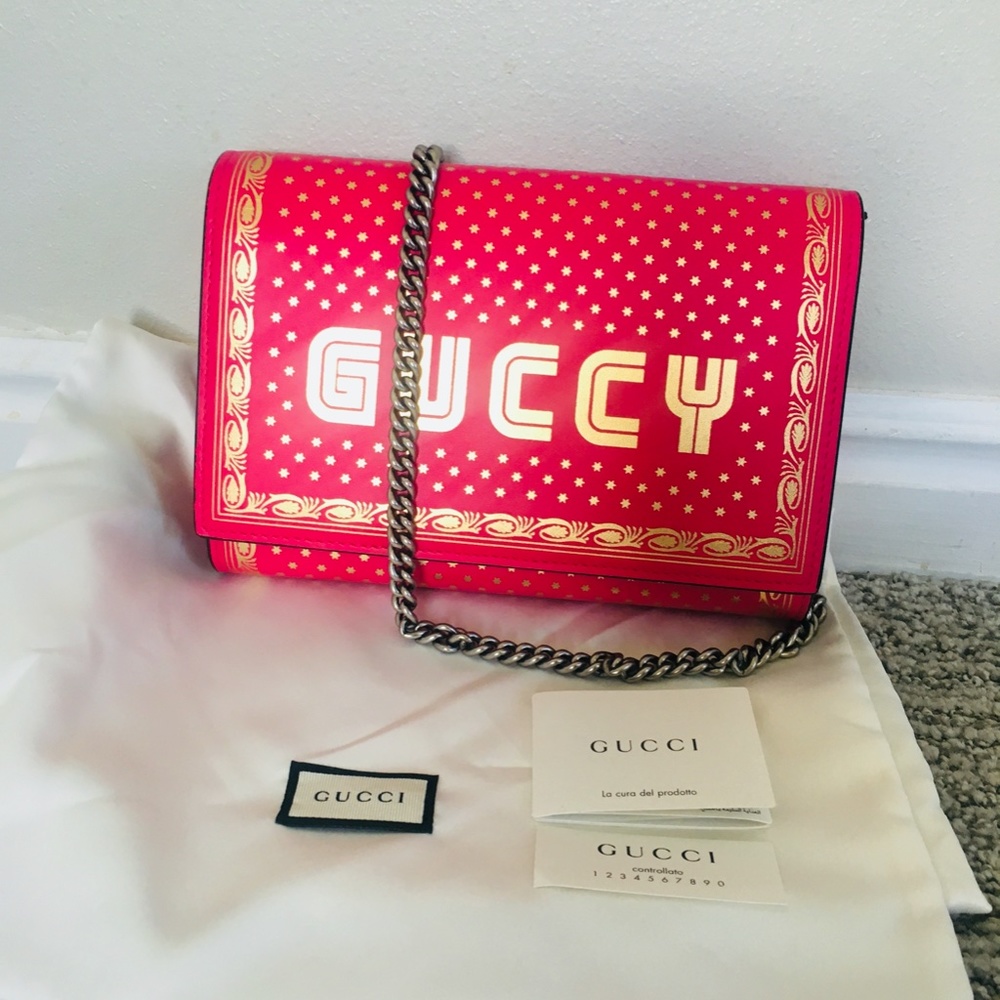New Authentic Gucci Guccy Logo Moon & Stars Leather Wallet Chain Small P… - Picture 9 of 15